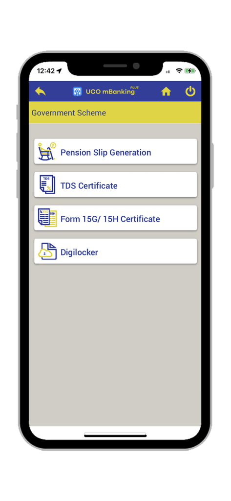 UCO mBanking Plus - UCO mBanking Plus app screen displaying options for government schemes including pension slip generation and digilocker