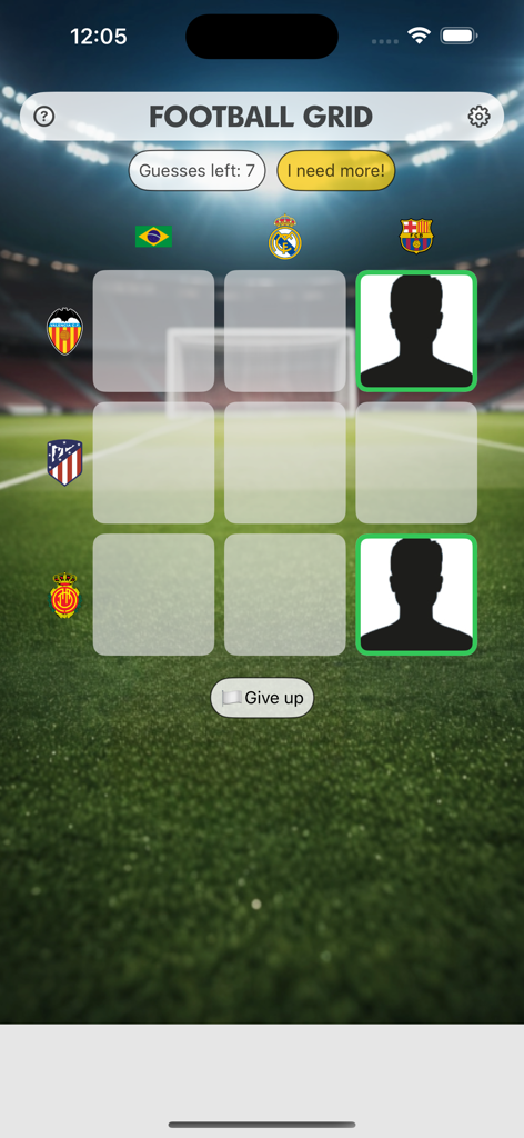 Football Grid - Pantalla de juego de la aplicación Football Grid mostrando una cuadrícula de trivia de 3x3 con logotipos de clubes de fútbol y siluetas de jugadores sobre un fondo de estadio.