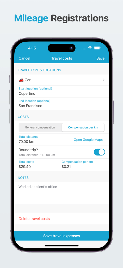 Freelance bookkeeping - Captura de pantalla de la interfaz de registro de costos de viaje y kilometraje en la aplicación Contabilidad freelance, que muestra los cálculos de distancia y costo para un viaje entre Cupertino y San Francisco.