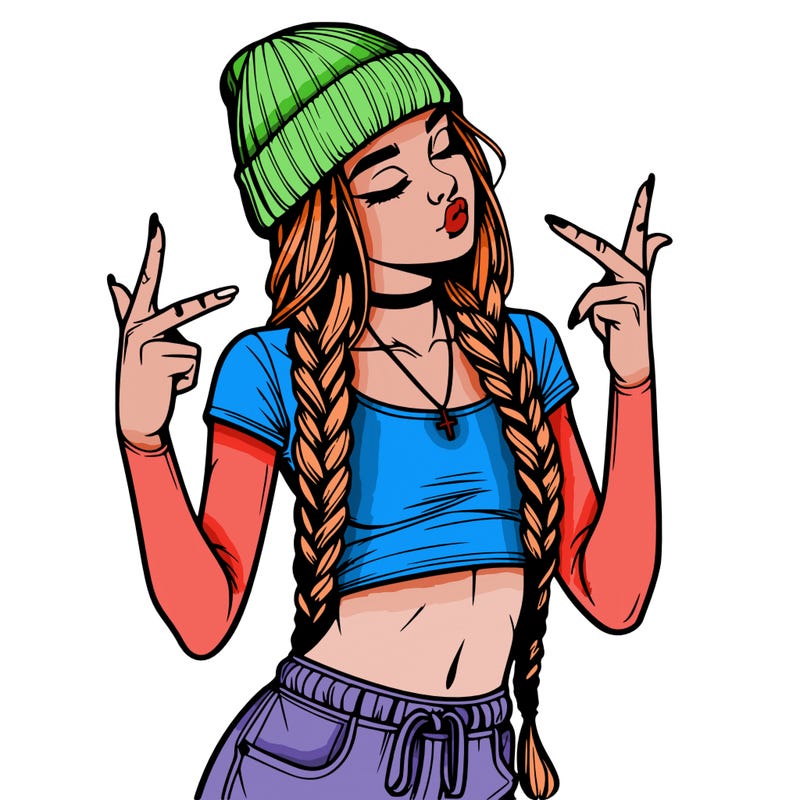 realistic teenage girl with braids and a beanie and crop top doing 🫶🏼