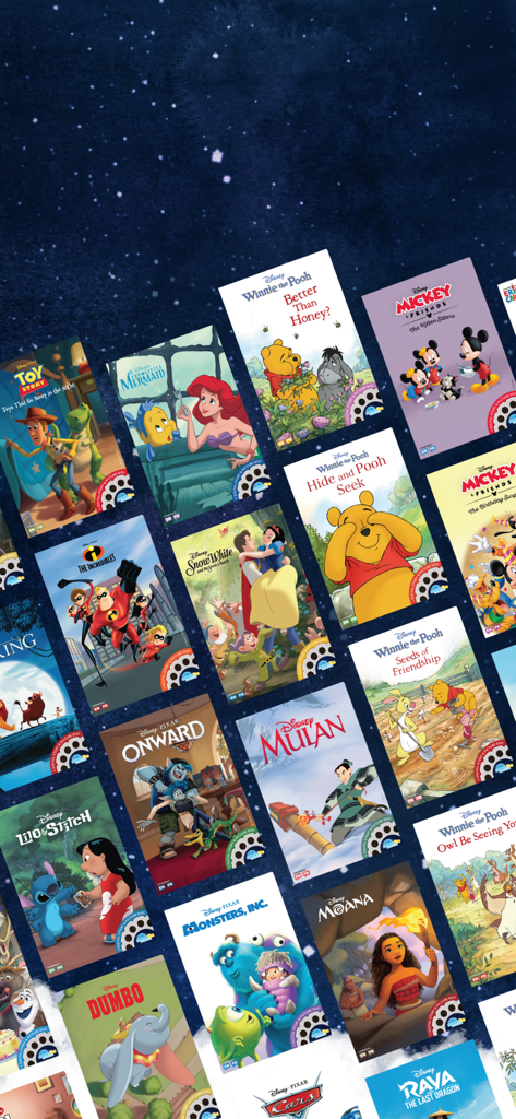 Moonlite - Storytime Projector - Grid of various Disney and Pixar storybook covers available in the Moonlite app