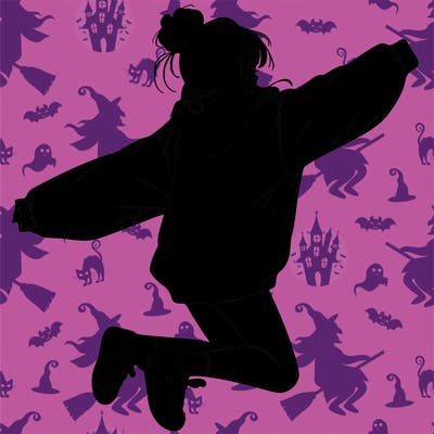 realistic girl jumping with a bun and oversized sweatshirt