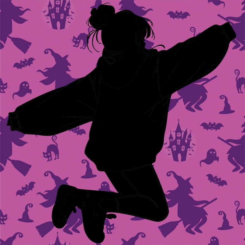 realistic girl jumping with a bun and oversized sweatshirt