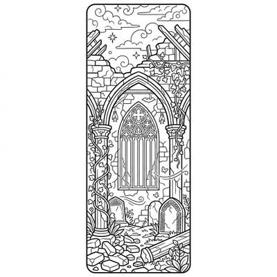 Discover the haunting beauty of a decaying gothic church with this unique bookmark coloring page. Featuring intricate architectural details and natural overgrowth, it offers a fascinating artistic challenge for adults and teens.