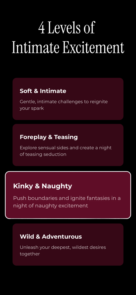 Sex Game: Truth or Dare - Captura de pantalla de la aplicación Sex Game Truth or Dare que muestra cuatro niveles de emoción íntima para parejas