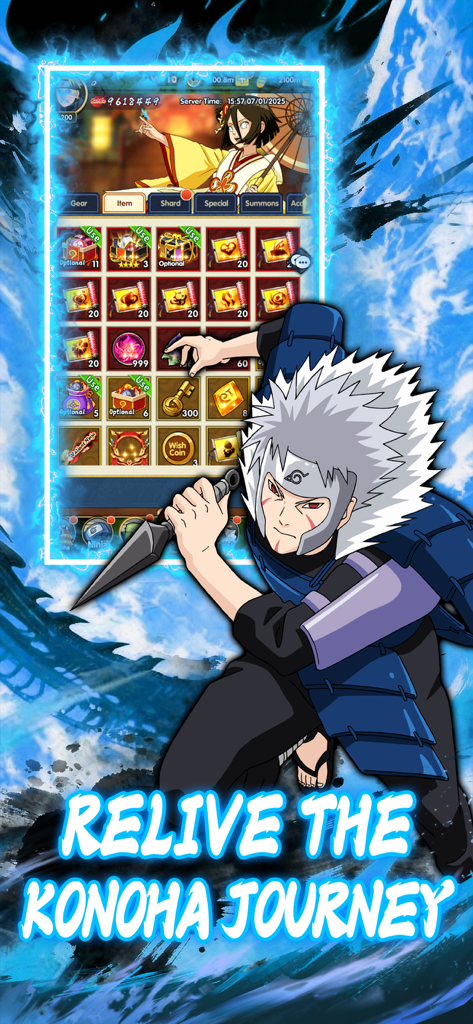 Shinobi Saga - A ninja character holding a kunai over an inventory menu in Shinobi Saga