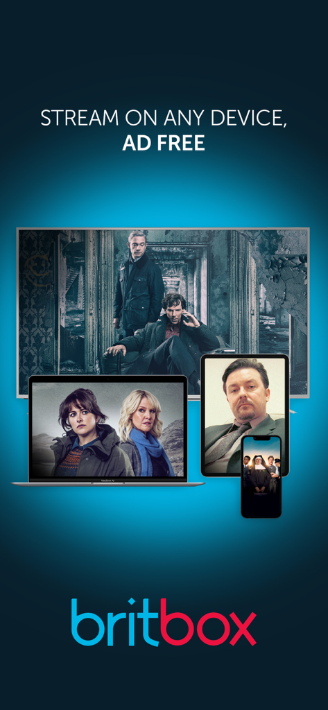 BritBox: The Best British TV - TV, 노트북, 태블릿, 스마트폰에서 광고 없이 스트리밍할 수 있는 BritBox 프로모션 이미지.