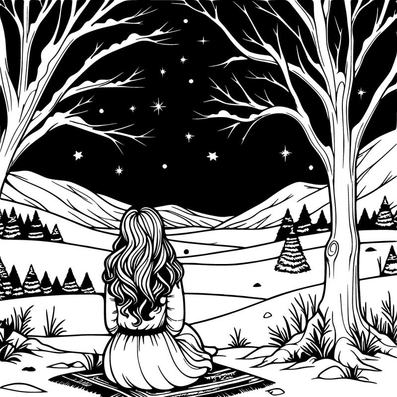 realistic girl sitting under a tree under the snowy starry sky facing away from me