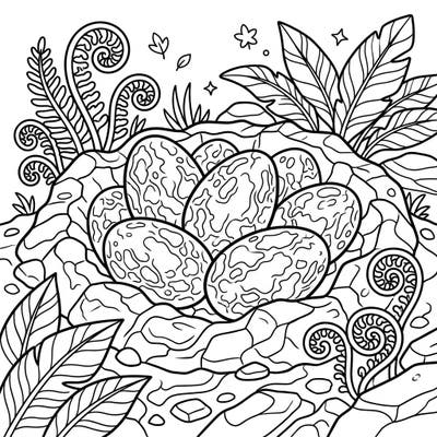 Explore the ancient world with this captivating Hadrosaur Dinosaur Eggs coloring page, showcasing a nest of prehistoric wonders. Delve into the intricate patterns of fossilized eggs surrounded by lush fern fronds, ready for your creative touch.