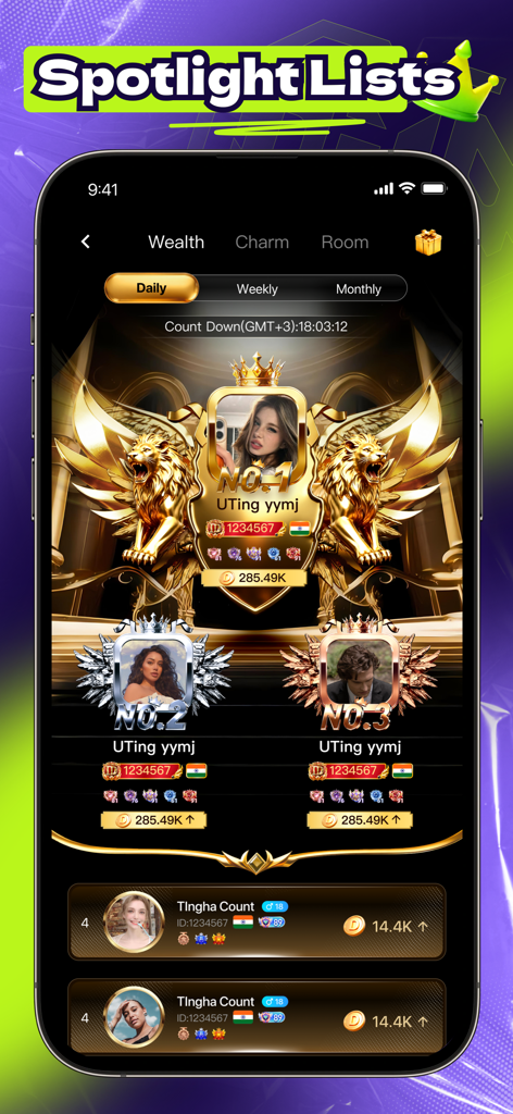 Dika - Página de Listas de Destaque do aplicativo Dika mostrando os principais usuários classificados por riqueza em um placar