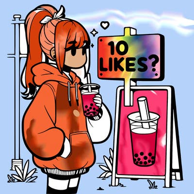 girl with oversized hoodie drinking boba and she has a high ponytail with a sign that says 10likes?