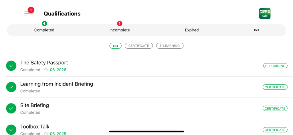 CBRE SAFE app screen showing a list of completed safety qualifications and training certificates