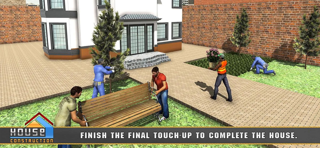 House Construction Simulator - Workers performing final landscaping and yard furniture placement in House Construction Simulator