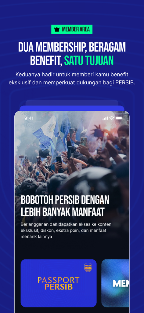 Persib - ファン特典とパスポートペルシブカードが表示されたペルシブ公式アプリの会員エリア画面。