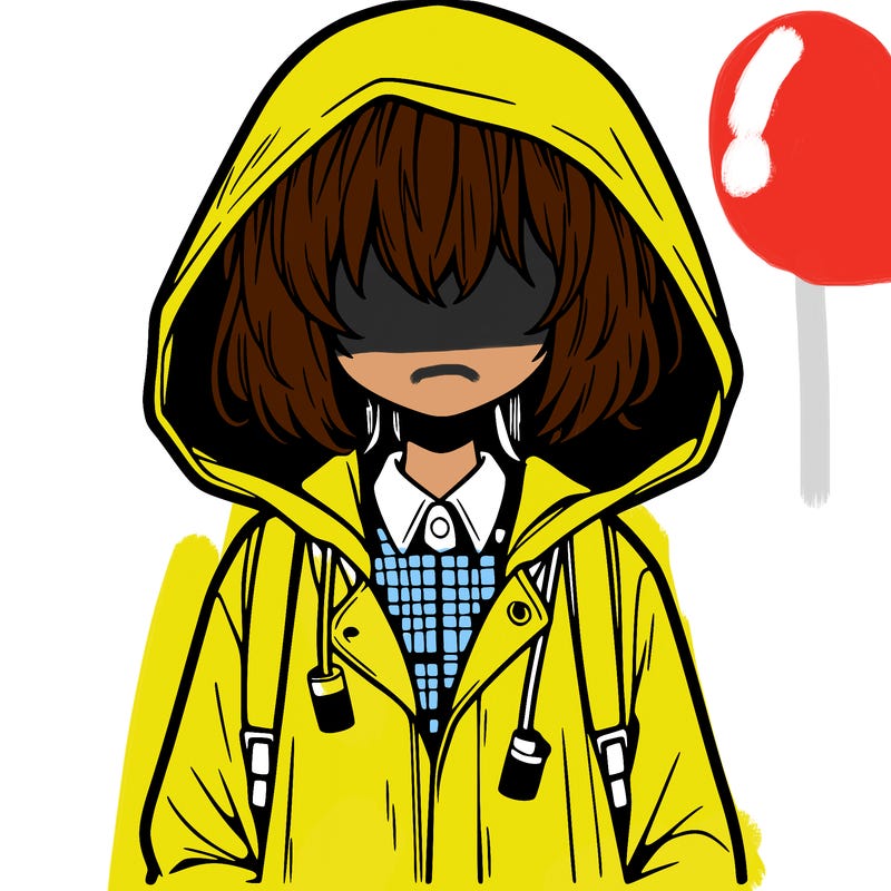 little anime girl in a raincoat her hair is covering her eyes she has a lighter