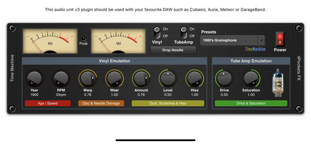 Time Machine AUv3 Plugin - Time Machine AUv3プラグインのインターフェース。レコードとチューブエミュレーションコントロール、ヴィンテージVUメーターを備えています。