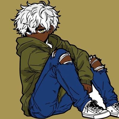 a male hoddie ripped jeans messy hair anime