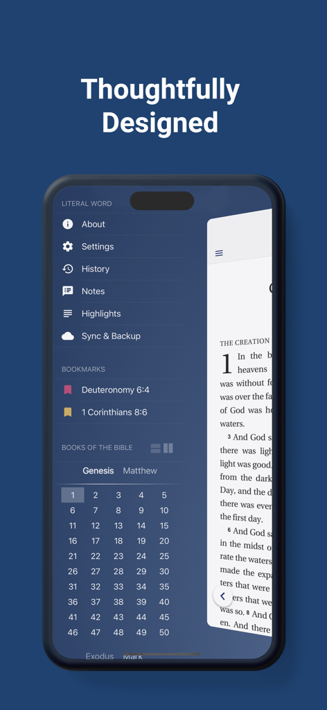 Interface of the Literal Word Bible app showing the navigation menu with bookmarks and a chapter selection grid