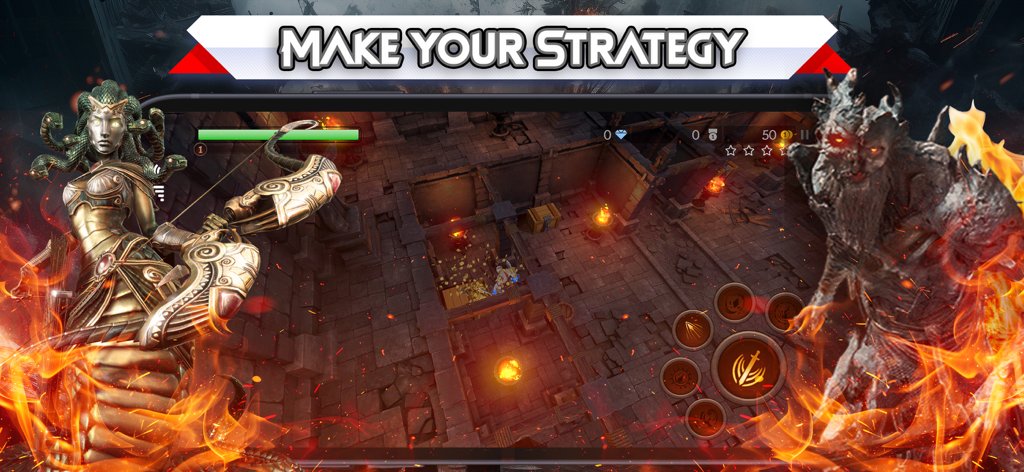 God of Battle Sparta - Top down gameplay view of God of Battle Sparta in a dungeon with mythological creatures and strategy text