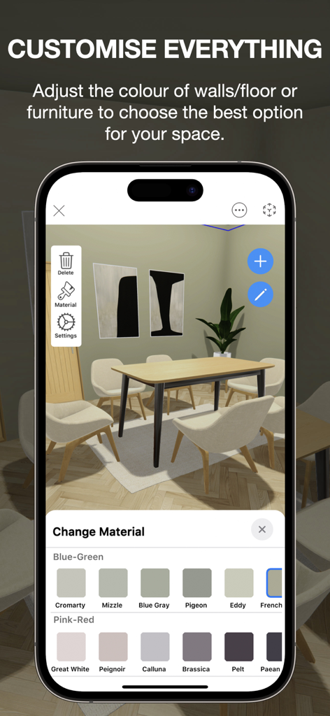 ARki: Building + Room Planner - Interfaz de la aplicación ARki que muestra una escena de comedor 3D con un menú para cambiar los materiales de las paredes y los muebles