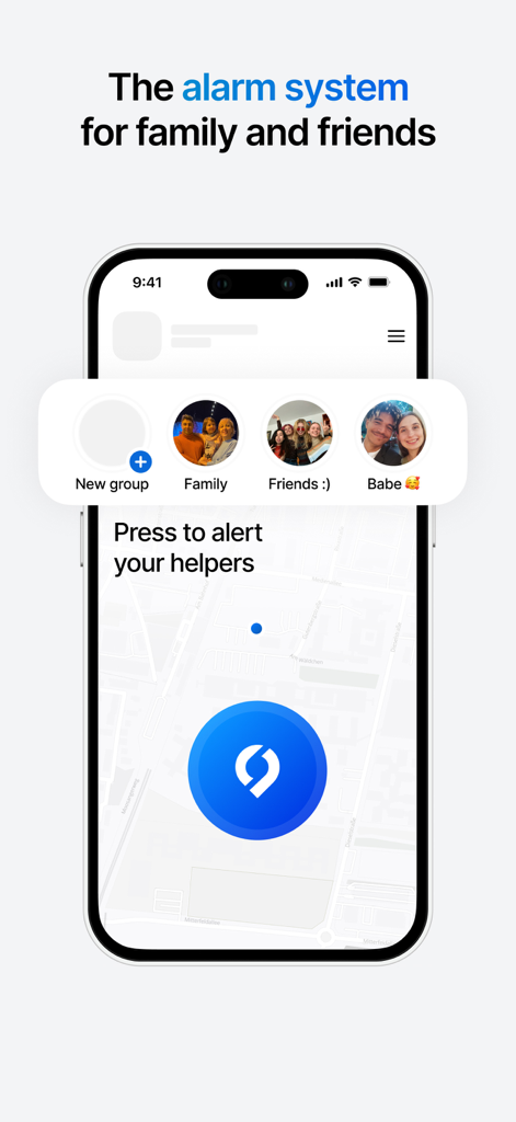 SafeNow app on an iPhone showing a large blue emergency alert button and trusted groups including family and friends