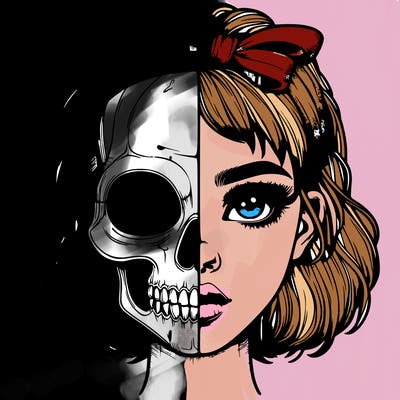 realistic girl with half skull mask