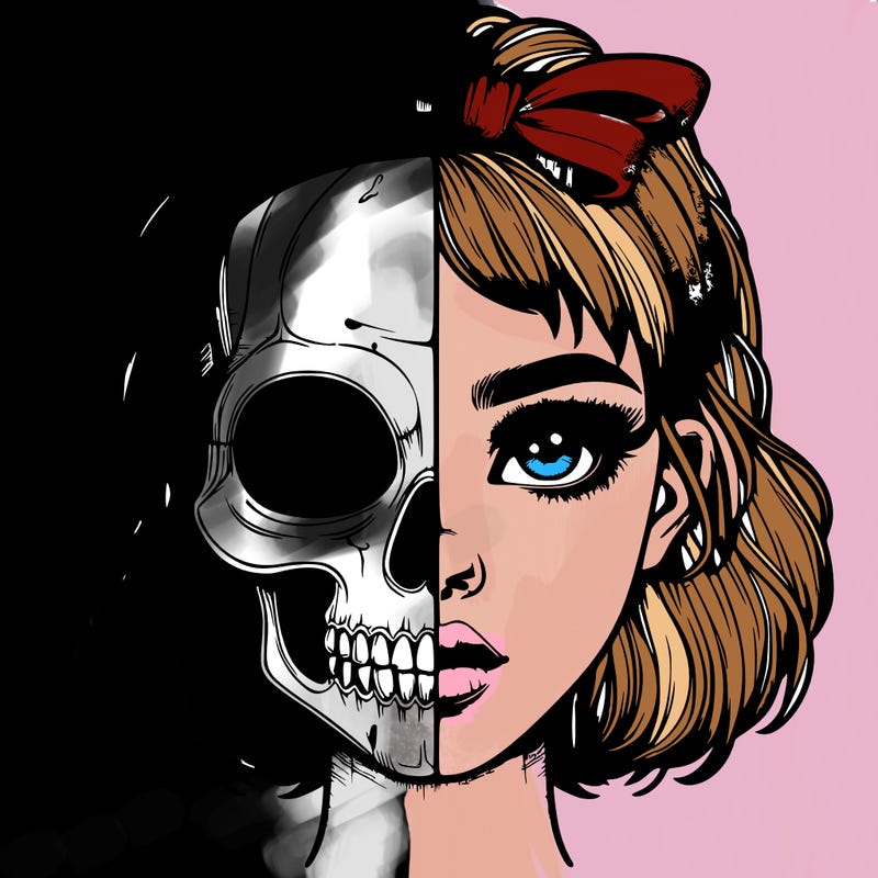 realistic girl with half skull mask