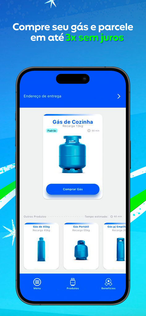 Ultragaz: Peça botijão - Ultragaz mobile app screen showing options to buy different sizes of blue gas cylinders.