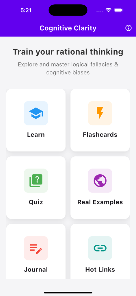 Cognitive Clarity app main menu showing options for Learn, Flashcards, Quiz, Real Examples, Journal, and Hot Links