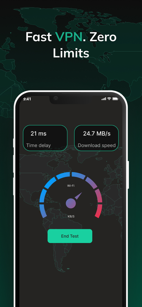 Nexo VPN mobile app interface showing real-time speed test results for download and latency over a world map background.