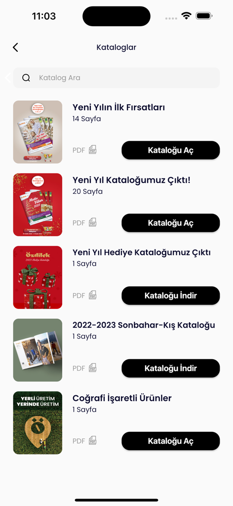 Özdilek AVM - Interface of the Ozdilek AVM app showing a list of shopping and seasonal campaign catalogs
