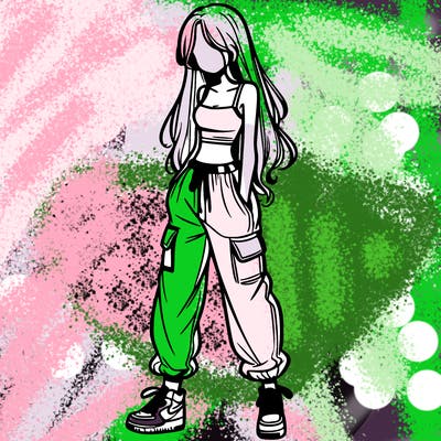 girl in baggy pants crop top and long hair