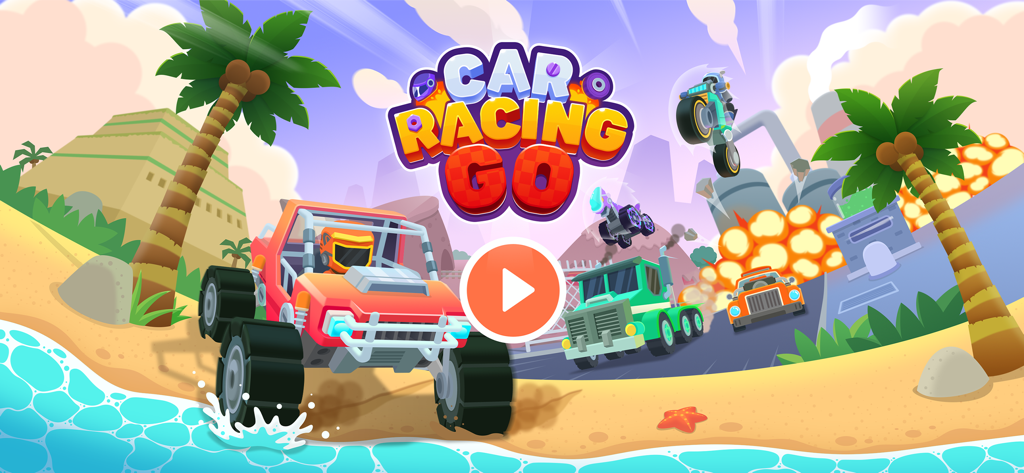 Promo-Banner für das Kinderspiel Autorennen GO mit verschiedenen bunten Lastwagen und Autos auf einer tropischen Rennstrecke.