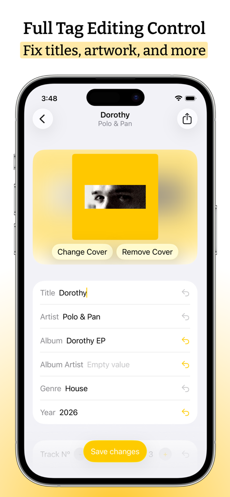 Full tag editing control interface for music metadata and album artwork