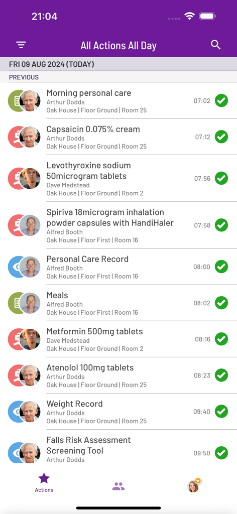 Mobile dashboard of the PASSforcare app displaying a list of completed clinical tasks including medication administration and care records for residents in a nursing facility