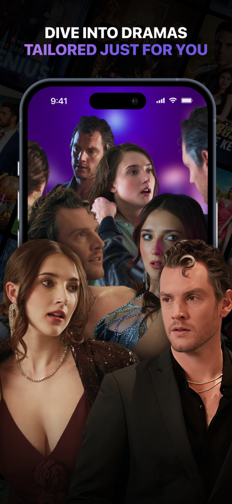 Watch Drama - TV Series Daily - パーソナライズされたシリーズに関するテキストとロマンチックドラマのキャラクターを示すスマートフォンの画面。