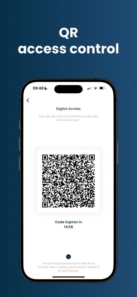 Itensity - Pantalla de la aplicación Itensity que muestra un código QR para el control de acceso digital al gimnasio