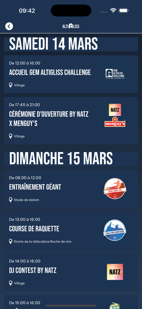GEM Altigliss Challenge - Daily schedule of competitions and social events in the GEM Altigliss Challenge app