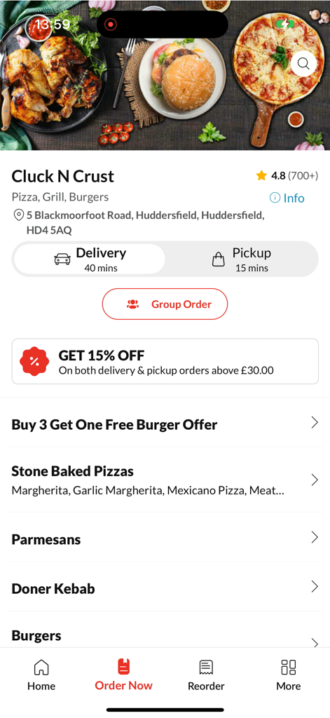 Cluck N Crust. - Cluck N Crust mobile app menu showing food categories and discount offers for pizza and burgers