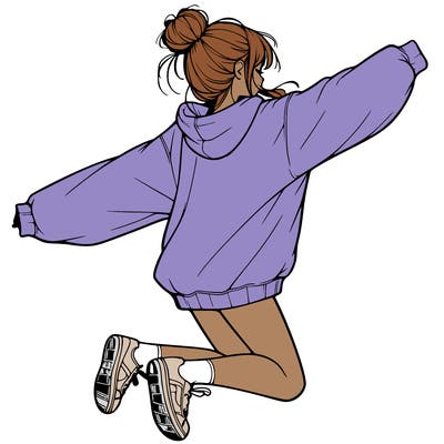 realistic girl jumping with a bun and oversized sweatshirt