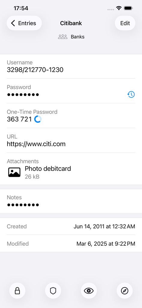 Detailed view of a stored password entry in the pwSafe 2 app.