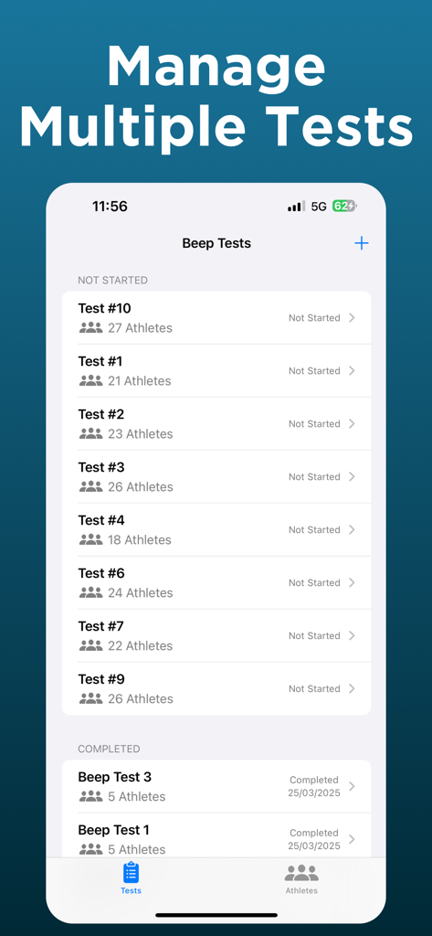Beep Test for VO2 Max - Screen showing a list of beep tests with the number of athletes for each test