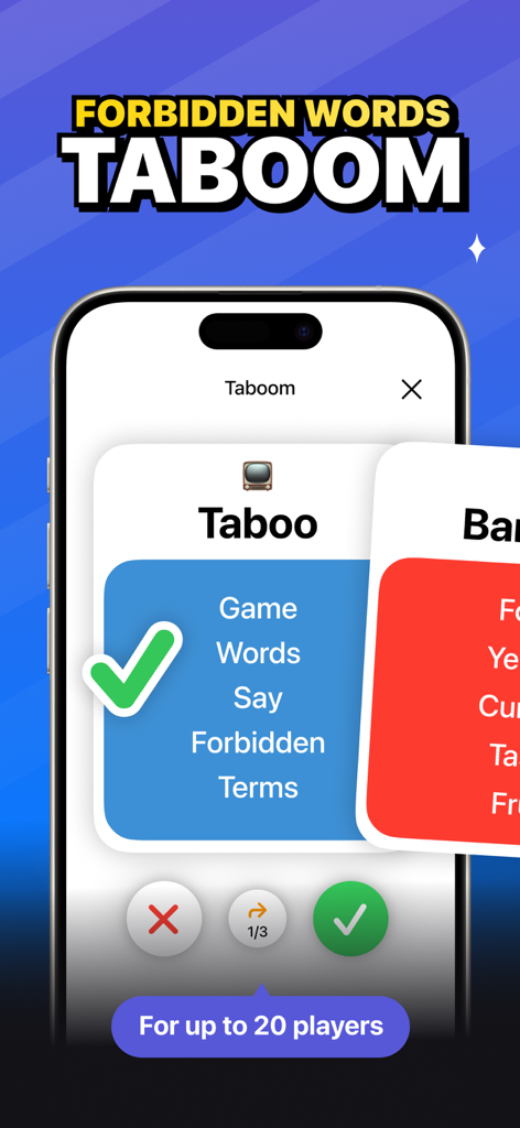 Mobile game interface for Taboom showing forbidden words for a social party game