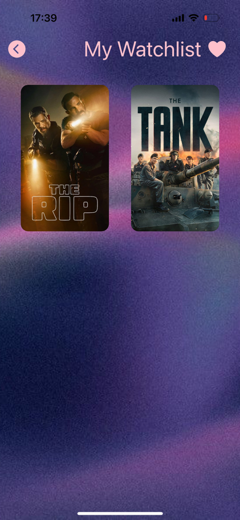 Movio: movies watchlist - Screenshot of the Movio app My Watchlist screen displaying movie posters for The Rip and The Tank on a purple gradient background
