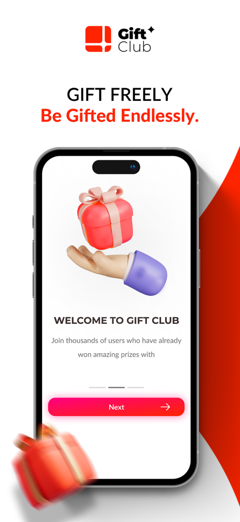 Star.Club - Pantalla de incorporación de la aplicación Gift Club con una ilustración 3D de una mano sosteniendo una caja de regalo