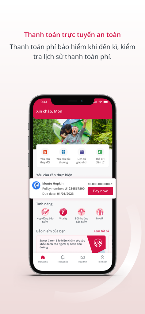 AIA+ - AIA plus mobile app screen showing insurance policy payment details and a pay now button