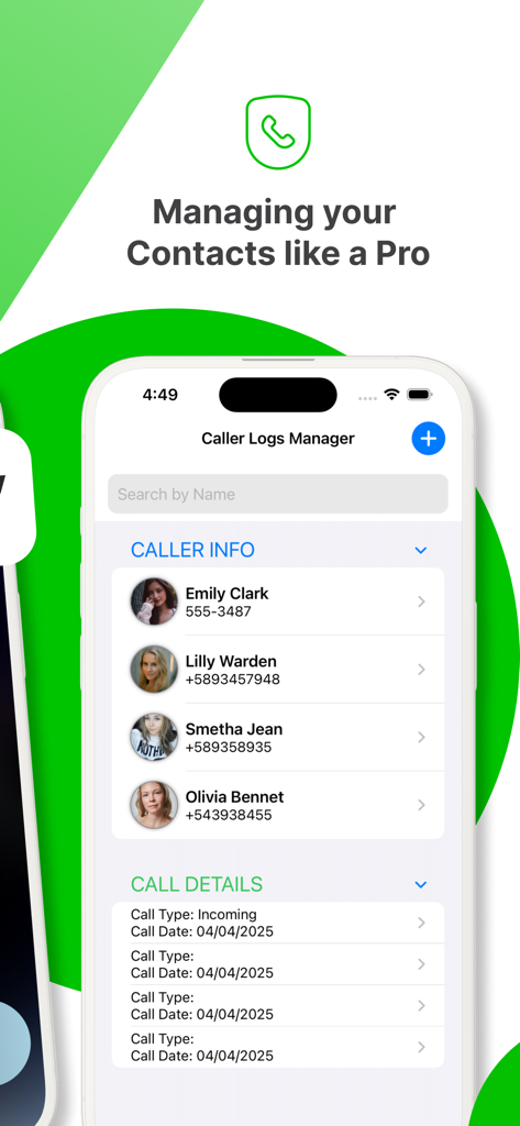 Who Call Pro app interface showing caller information and call detail logs for managing professional contacts