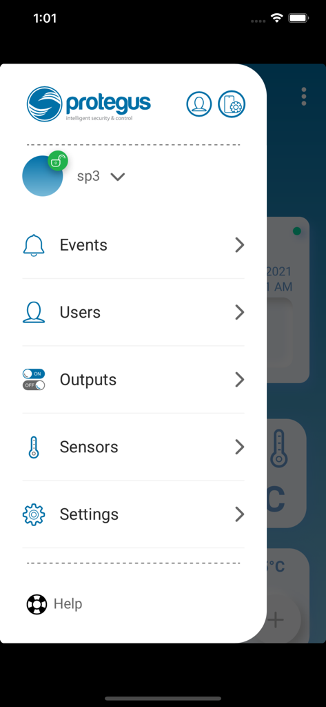 Protegus 2 - Menu do aplicativo móvel Protegus 2 mostrando opções para eventos de segurança, usuários, sensores e saídas
