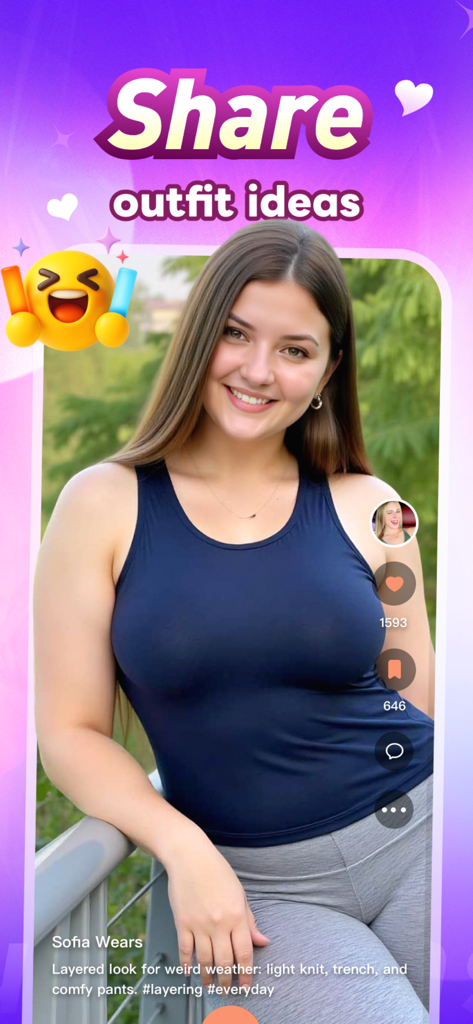 Duette - Video&Chat - Una mujer sonriendo en un feed de video de moda vertical en la aplicación Duette con un titular que dice Comparte ideas de outfits.