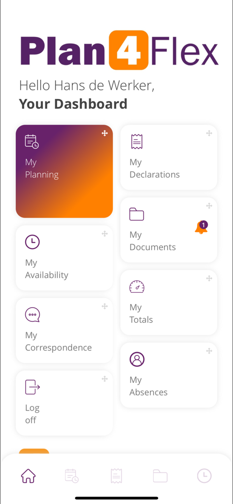 Plan4Flex mobile app user dashboard showing work planning availability and document management tiles